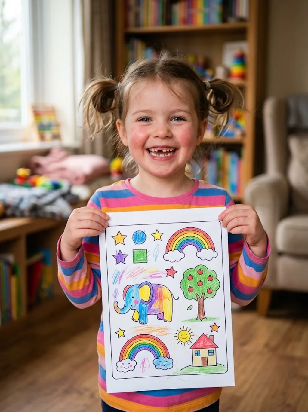 A child proudly holding up a finished worksheet