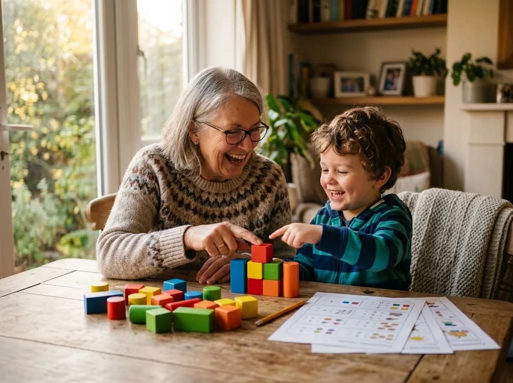 A grandparent and child counting blocks at the table